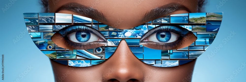 Aufkleber a womans face featuring a captivating collage of vibrant blue glasses from different angles, creatin