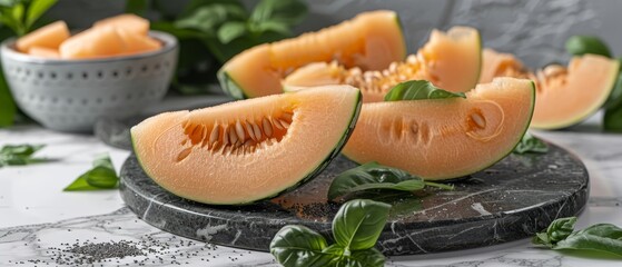  Two sliced melons atop a marbled platter, basil bowl nearby