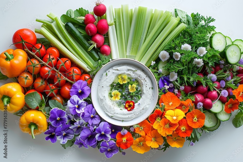 Canvas Prints A vibrant bowl of dip sits surrounded by an array of fresh vegetables and blooming flowers, creating a picturesque scene of natures bounty