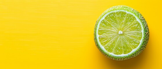   A lime, halved, atop a sunny yellow counter, next to a sliced fruit