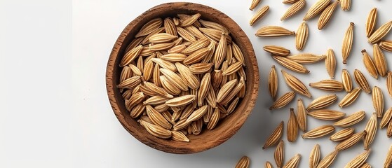   A wooden bowl, brimming with sunflower seeds, sits adjacent to an ample sunflower seed pile on a pristine white tablecloth - obrazy, fototapety, plakaty