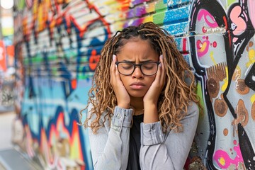 A fashionable woman with glasses rests against a vibrant graffiti-covered wall, her thoughtful...