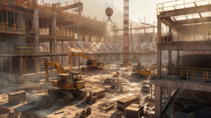 A bustling construction site with cranes and bulldozers, currently empty but ready to build structures of various sizes and shapes