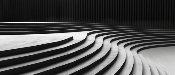   A monochrome image of a stage featuring a row of steps ascending to its peak