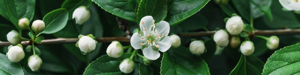green twigs with leaves and flowers.