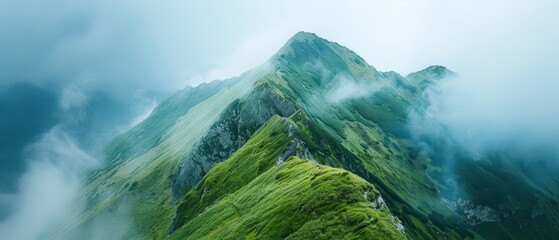   A mountain peak, cloaked in verdant grass, rises amidst a foggy landscape, its summit piercing the mist; a blue sky overhead provides a serene backdrop - obrazy, fototapety, plakaty