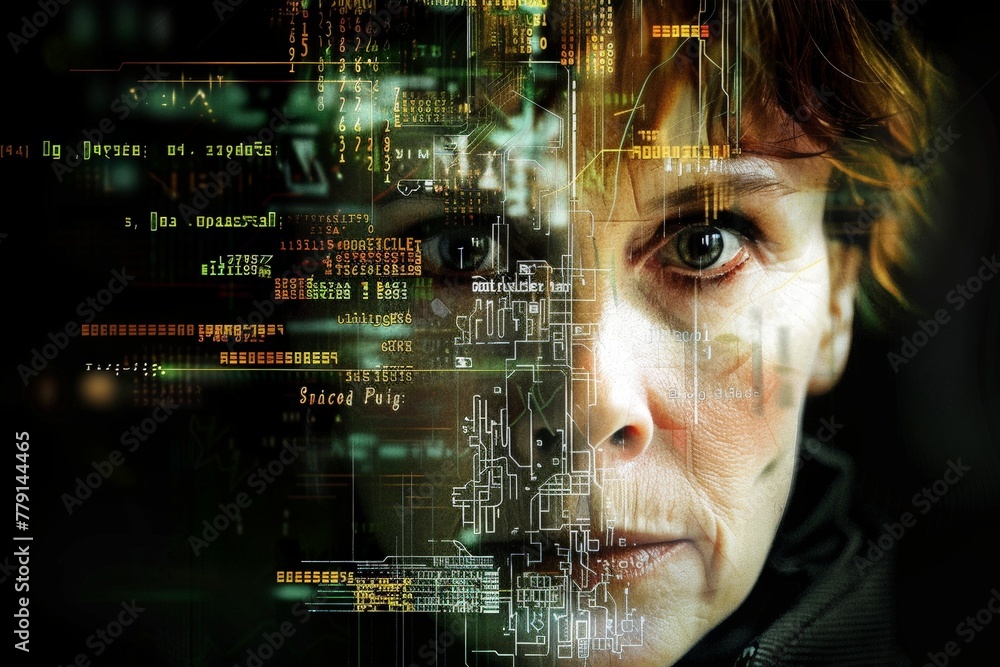 Poster a mesmerizing digital portrait of a womans face, showcasing her exquisite features and unique expres