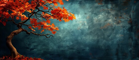   A tree depicted with scarlet leaves against a backdrop of dark blue, framing a blue sky above