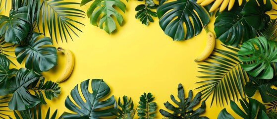 Fototapeta na wymiar A banana, centered, enclosed by green leaves, on a yellow background