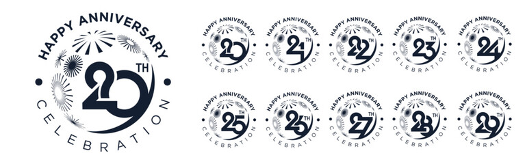 set of 20 to 29th anniversary logotype design, with black color fireworks for celebration event, wedding, and birthday, vector illustration
