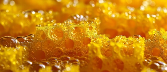   A tight shot of numerous bubbles in a vibrant yellow and orange palette, adorned with water droplets at their bases