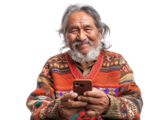 Elderly Native American Holding Smartphone