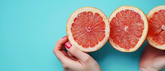   A person tightly grips a grapefruit in a close-up shot, positioned between two split grapefruit halves