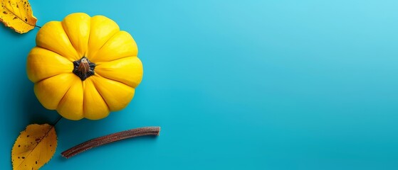   A yellow pumpkin atop a blue surface, next to a banana peel and a banana peel lying there