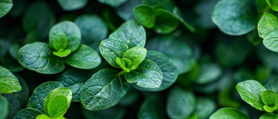   A tight shot of numerous green leaves, some bearing water droplets in their centers