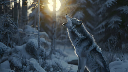 A gray wolf howls at the moon in a snowy woods - Ai Generated