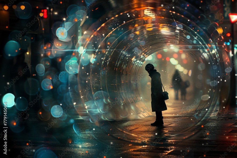 Aufkleber a person stands in awe before a mesmerizing light tunnel, filled with colors and patterns, illuminat