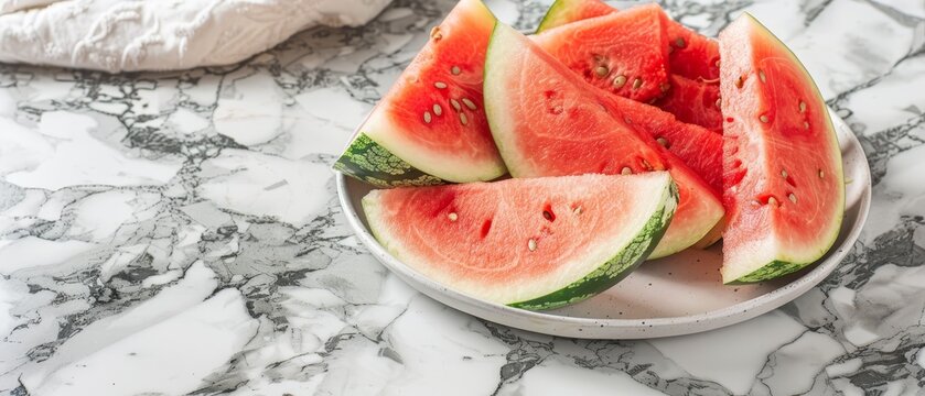   A marbled countertop holds a bowl brimming with watermelon slices, beside a loaf of bread