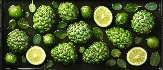 Foto op Plexiglas   A black tray holds numerous limes topped with green foliage © Jevjenijs