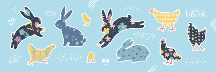 Happy Easter. Set of stickers, vector illustrations chickens, bunnies, hand-drawn doodles, dots, lines.