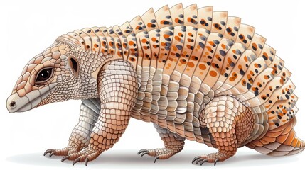   A depiction of an Armadillo sporting orange spots and a black-and-white pattern on its body