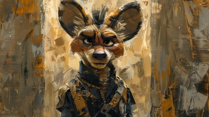   A painting of a fox wearing a leather jacket, holding another leather jacket against its chest, in front of a grungy backdrop
