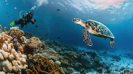 A woman scuba diver captures a photograph of a Hawksbill Turtle swimming above a coral reef in the azure sea. This scene embodies the wonders of marine life and the underwater world