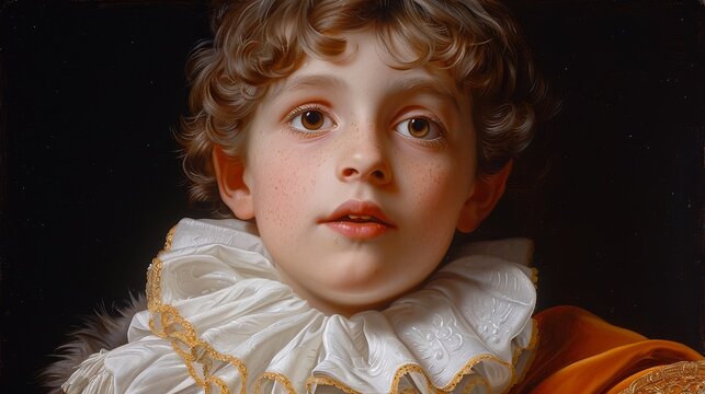   A detailed image of a young boy with curly hair, wearing a white shirt with a ruffled collar