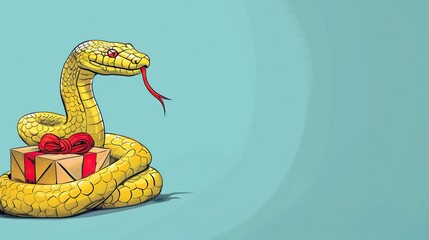 Naklejka premium A cartoon snake is coiled around a gift box