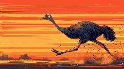   A painting of an ostrich traversing a field as the sun sets, accompanied by birds in the foreground - obrazy, fototapety, plakaty