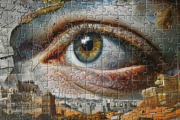 Complex jigsaw puzzle of a painted eye, symbolizing problem-solving and attention to detail. Close up