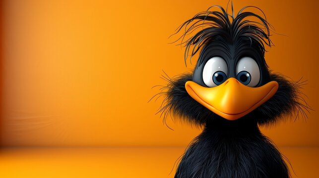   A cartoon bird with a goofy expression up-close against a sunny yellow wall