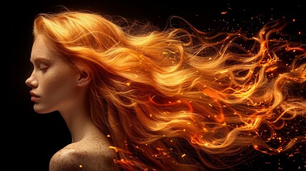   A woman's hair billows in the wind, accented by vibrant orange and red streaks resembling flames