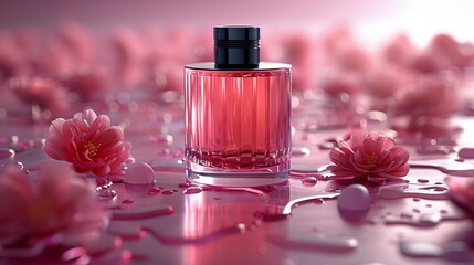   A bottle of perfume atop a table, surrounded by pink flowers and with droplets of water on the floor nearby - obrazy, fototapety, plakaty