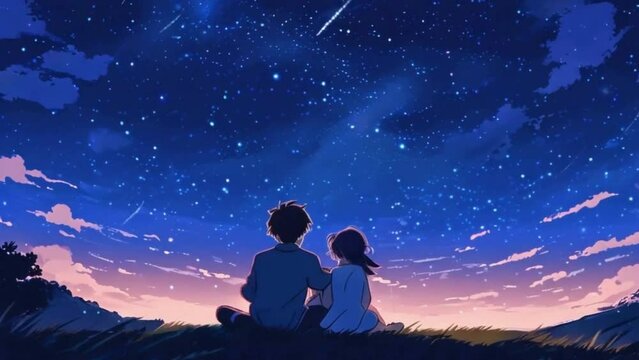 A couple sits on a blanket under a starry night sky, cuddled up together, as they watch shooting stars streak across the sky, cute romantic couple Lofi anime animation.