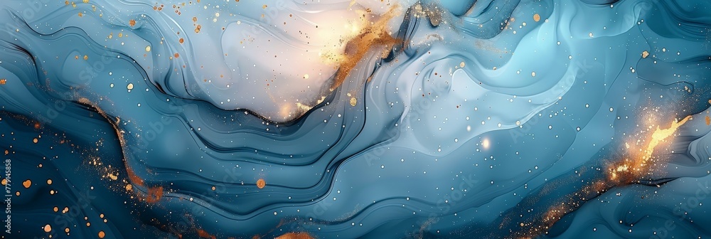 Poster swirling shapes of vibrant blue and yellow hues collide and intertwine in an abstract painting that 