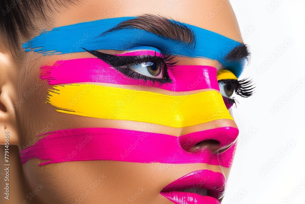 Poster A womans face adorned with vibrant, abstract patterns in a myriad of bright colors, creating a striking and artistic appearance