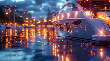   A white boat floats atop a body of water, adjacent to a shore adorned with numerous bright lights