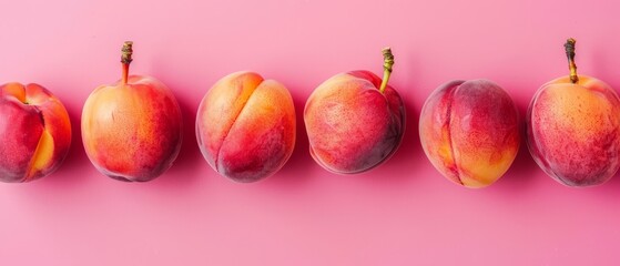   A line of peaches aligned on a pink surface, with one peach situated in the center - obrazy, fototapety, plakaty