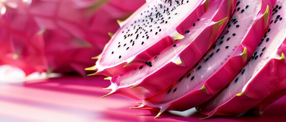   A tight shot of a spiky-edged fruit against a pink backdrop, surrounded by additional fruits - obrazy, fototapety, plakaty