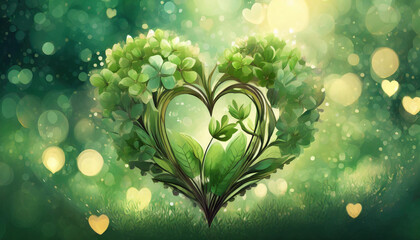 illustration d'un coeur formé de fleurs et de plante de couleur vert en style aquarelle sur un fond vert avec des ronds en effet bokeh