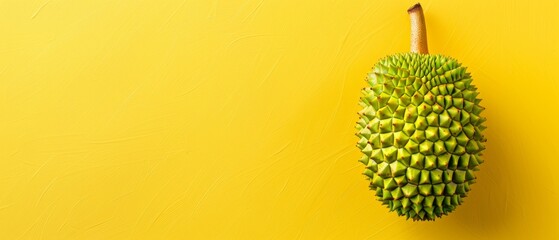   A tight shot of a Durian fruit against a yellow backdrop, with a brown stake piercing its core