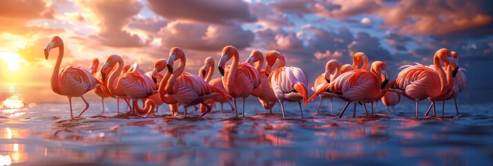 Moonlit elegance  photorealistic low angle shot of graceful flamingos wading in shallow lagoon - obrazy, fototapety, plakaty
