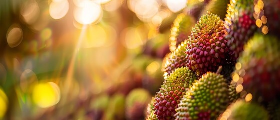   A tight shot of ripe fruits on a tree against a softly blurred backdrop of lights - obrazy, fototapety, plakaty