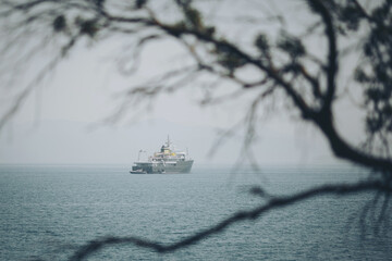 Ship on mediterranean sea with blurred foreground. Modern cruise ship in the sea. 