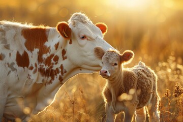 A mother cow stands protectively beside her calf in a lush green field. The calf nuzzles its mother, creating a heartwarming scene of tenderness and care in nature - obrazy, fototapety, plakaty