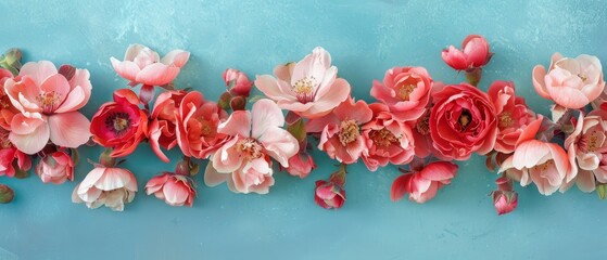   Group of pink and red flowers atop light blue wall Nearby, a green planter - obrazy, fototapety, plakaty