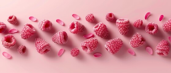   A pink background with raspberries, halved, scattered individually on its surface