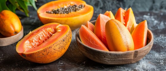   A tight shot of a bowl brimming with papaya and oranges, surrounded by more of the same in the background - obrazy, fototapety, plakaty