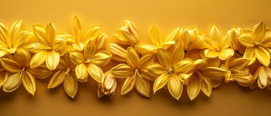   A cluster of yellow flowers situated adjacent to one another on a brown backdrop A yellow wall lies in the background - obrazy, fototapety, plakaty